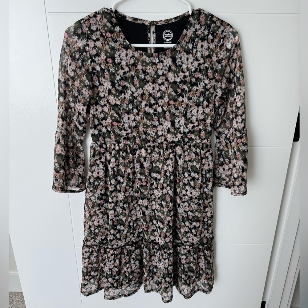 wonder nation Black Floral Tiered Dress with Pink and Cream Blossoms